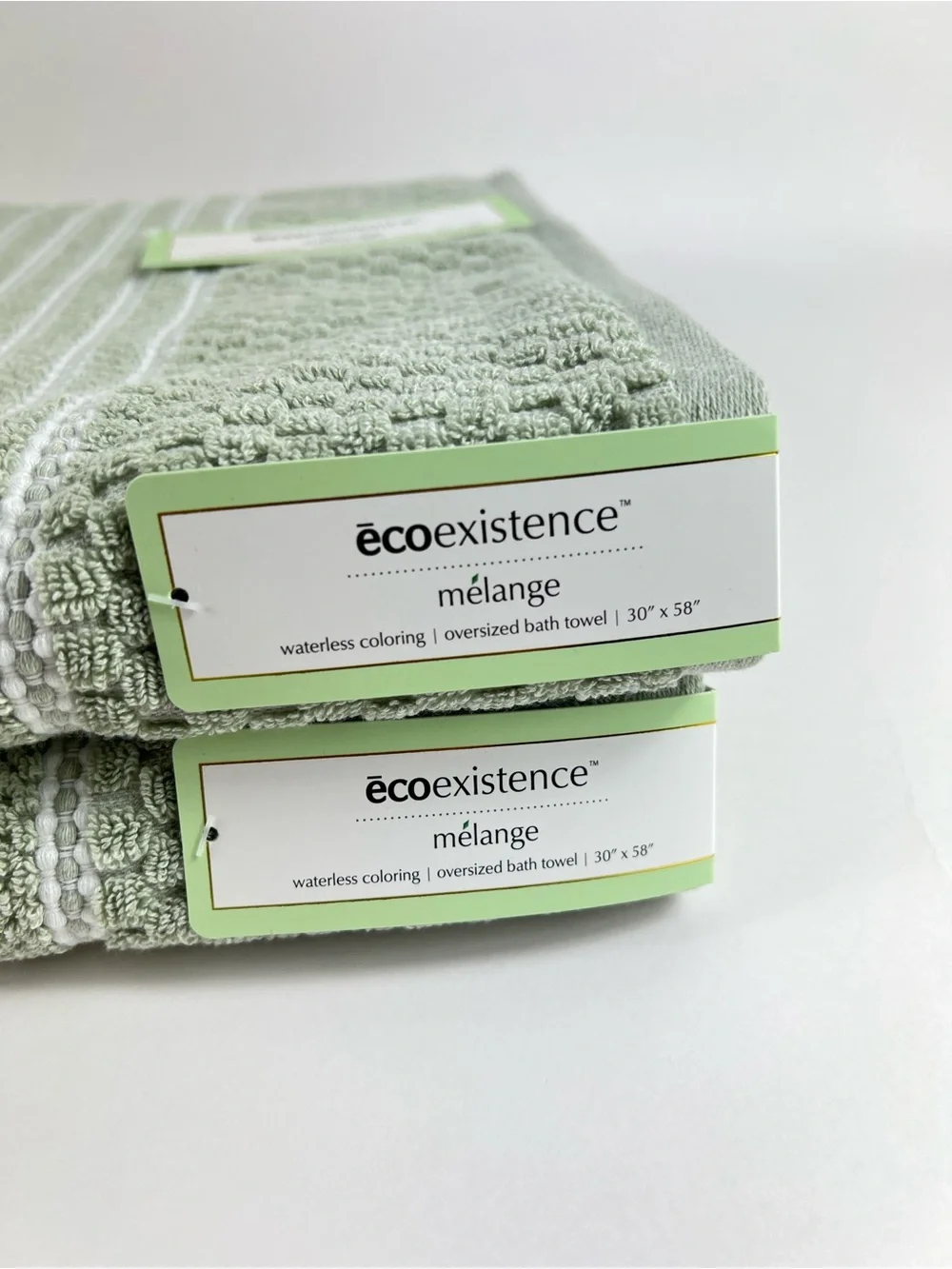 Ecoexistence Mélange Bath Towels Green White Stripe Soft Cotton Blend 2 Pc NEW